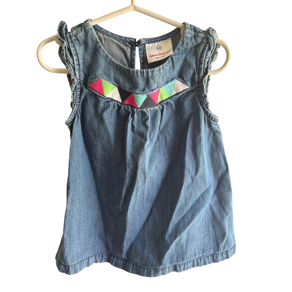 Hanna Andersson Little Girls Colorful Embroidered Ruffle Sleeve Denim Dress Sz 4
